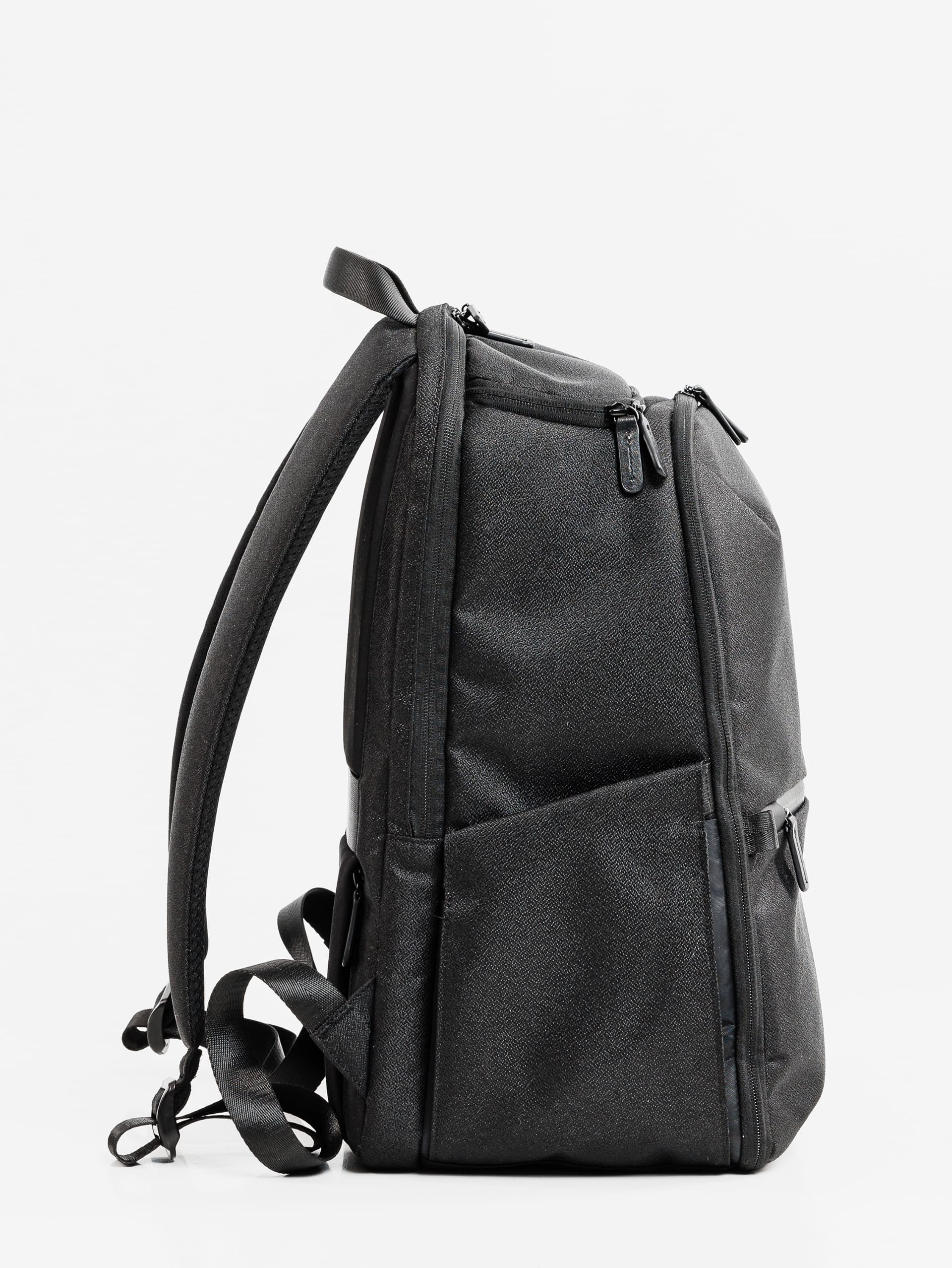 Black backpack on a light gray background